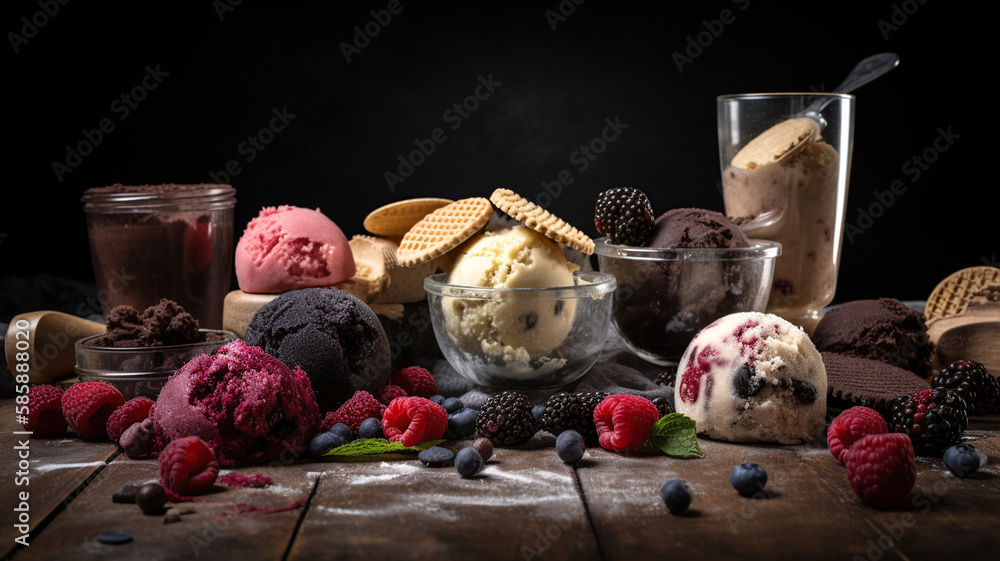 Assorted of ice cream with tasty berries near cookies and grated chocolate on table. Generative Ai