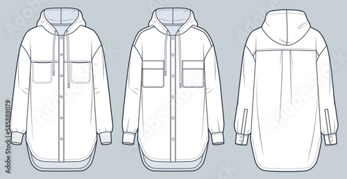 Set of Hooded Shirt technical fashion Illustration. Button down Shirt fashion flat technical drawing template, cuffed long sleeves, hood, front and back view, white, women, men, unisex CAD mockup set.