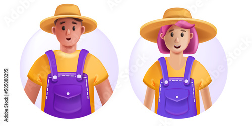 3D farmer avatar icon, cartoon female male gardener character vector smiling young face sun hat. Summer working confident woman man, professional successful person portrait. 3D farmer illustration