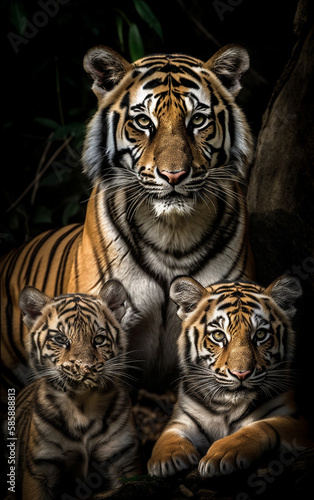 portrait of a tiger family in the jungle