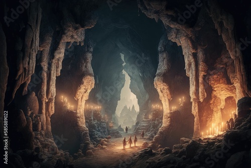 ancient hidden city inside the cave. Generative AI.