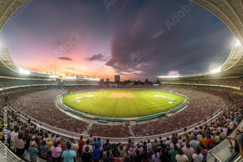 A panoramic shot of a packed cricket stadium. Generative AI.