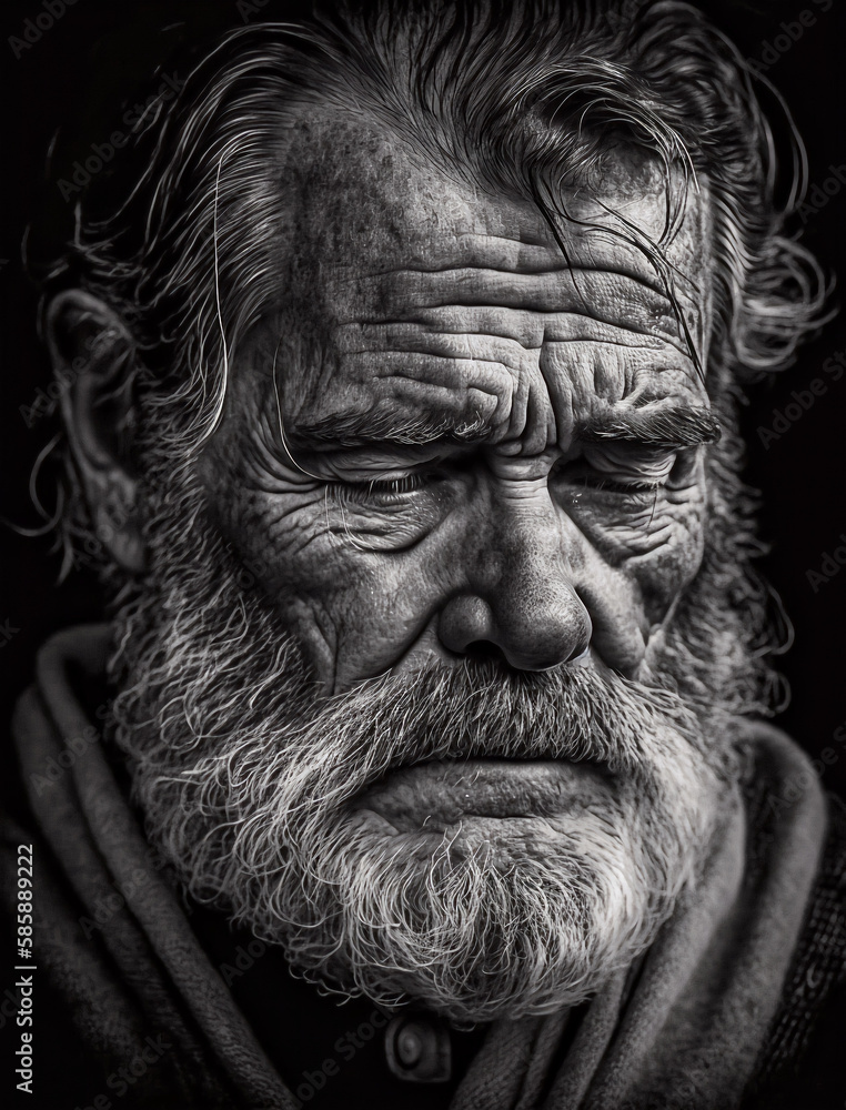 Generative AI image of senior male with beard and wrinkles all over face looking down while tired with problems against dark background Generative AI image of senior male with beard and wrinkles all over face looking down while tired with problems against dark background
