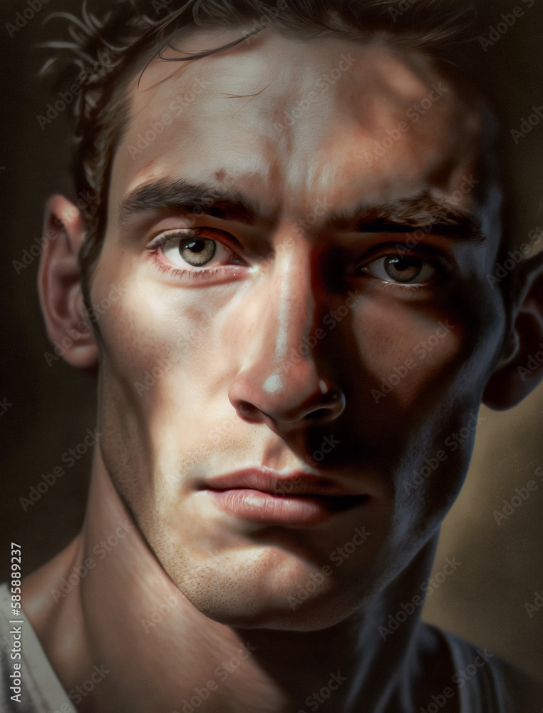 Generative AI image of young male with short hair green eyes in backlit daylight against dark background Generative AI image of young male with short hair green eyes in backlit daylight against dark background