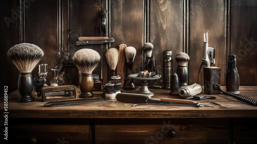 Vintage barber shop tools on wood background. Generative Ai photo