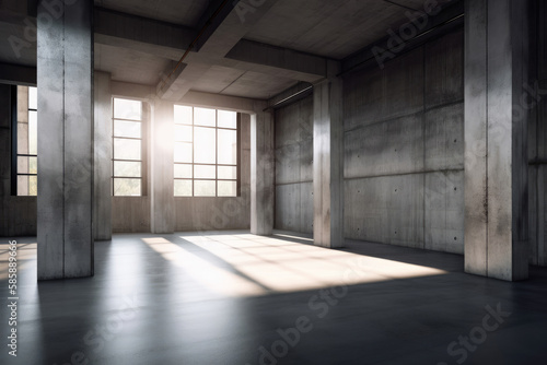 Empty exhibition space, industrial interior background. Generative AI © Miquel