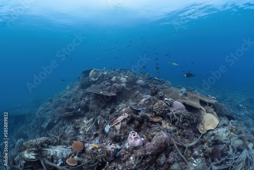 Plastic waste and trash under water in the ocean. Climate change, the concept of protecting the environment
