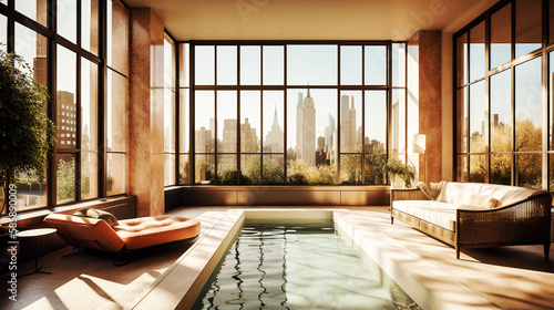 A luxurious flat with view on NYC, interior swimming pool - generative ai