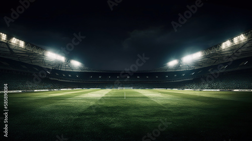 soccer stadium with illumination, green grass and night sky. Generative Ai