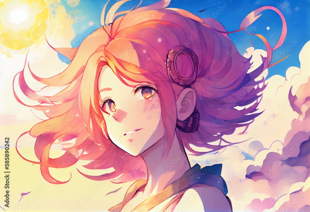Watercolor Illustration of a Anime Girl With Pink Hair Sunny Sky Background, Fairy Magical Fantasy World. Generative AI