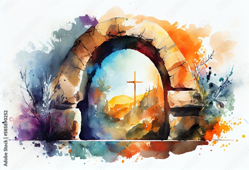 Watercolor Illustration of a Abstract Art. Colorful Painting Art Of The Empty Tomb Of Jesus. Easter Or Resurrection Concept. He Is Risen. Generative AI