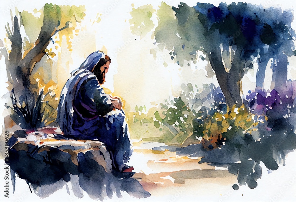 Watercolor Illustration of a Jesus Praying In The Garden Of Gethsemane ...