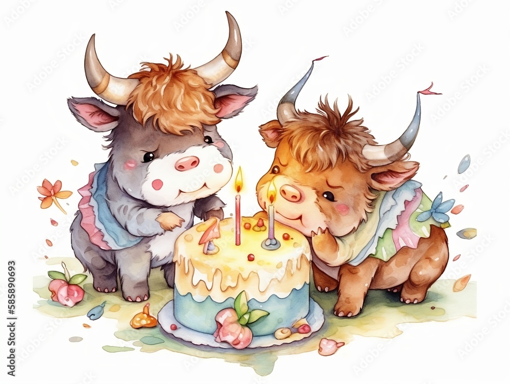 baby ox playing with birthday cake - watercolor illustration on transparent background, ideal for pet lovers, pet-themed designs, and birthday celebration projects. generative ai baby ox playing with birthday cake - watercolor illustration on transparent background, ideal for pet lovers, pet-themed designs, and birthday celebration projects. generative ai