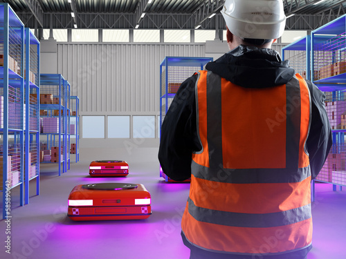 Warehouse worker. Autonomous mobile robot. Warehouse contractor with his back to camera. Man watches robots. Storage machines. Autonomous robots in warehouse hangar. Storage innovation. Agv, amr photo
