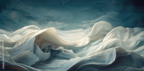 Surreal shapes of an enigmatic seascape of floating windblown fabric folds, turbulent turquoise blue waves and late afternoon sunset horizon clouds - generative AI