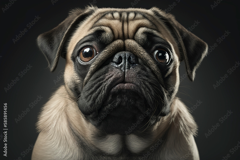 Pug head portrait, pug looking at the camera, close-up of pug, generative ai
