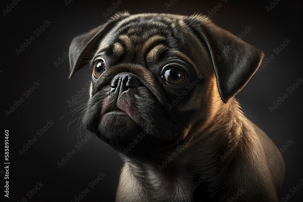 Pug head portrait, pug looking at the camera, close-up of pug, generative ai