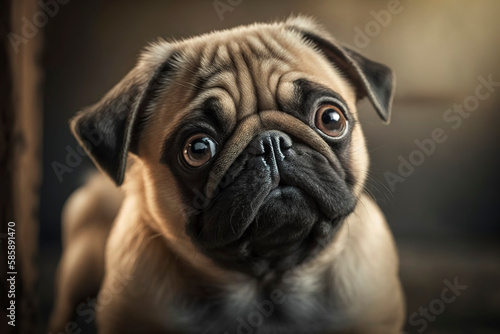 Pug head portrait, pug looking at the camera, close-up of pug, generative ai
