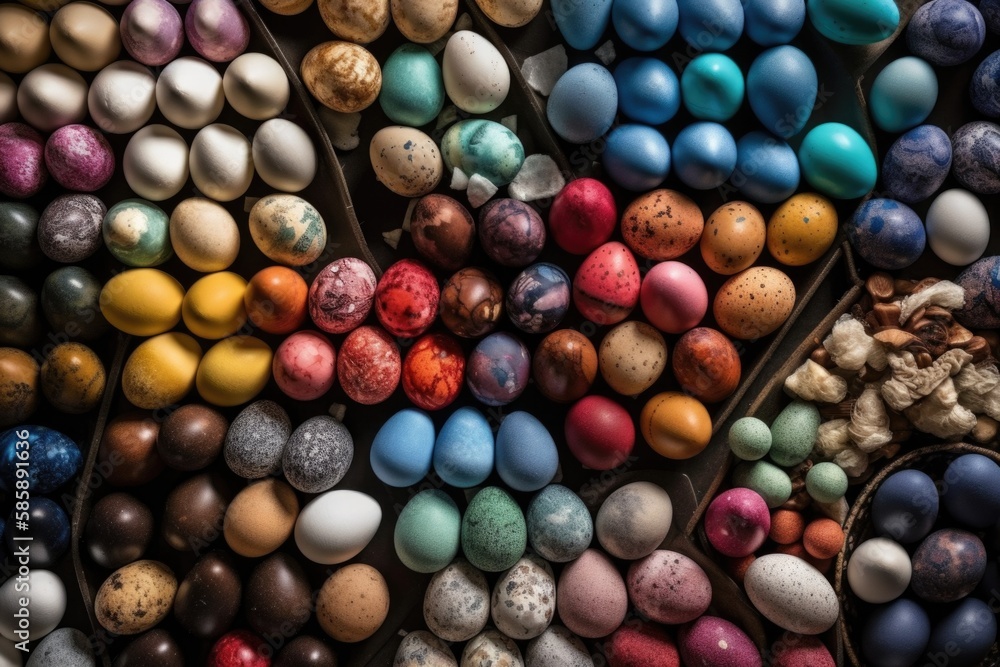 top view of Background with Easter Eggs,generative ai. top view of Background with Easter Eggs,generative ai.