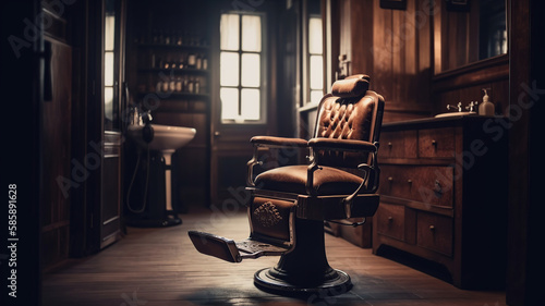 Stylish Vintage Barber Chair In Wooden Interior. Barbershop Theme. Generative Ai