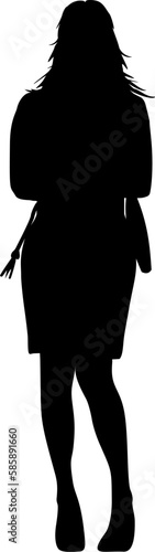 Silhouette: Junge schlanke Frau steht schüchtern mit Handtasche und wartet, schaut, sucht