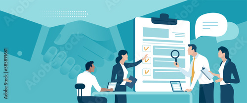 Agreement and hand shake. A team of office workers reviews the deal. Vector illustration