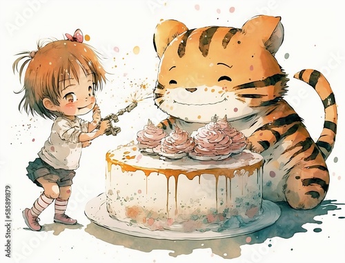 happy baby tiger playing with birthday cake - watercolor illustration on transparent background, ideal for pet lovers, pet-themed designs, and birthday celebration projects. generative ai photo