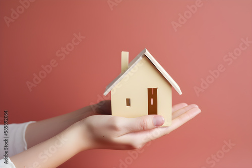 Hands holding a realistic model of a house on pastel pink background. Real eastate concept. Buying and selling home. Generative Ai photo