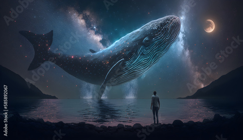 a man is standing in front of a huge whale that has just jumped out of the sea, the sky is full of stars, and the sea reflects the light of the moon. A strange and mysterious dream
