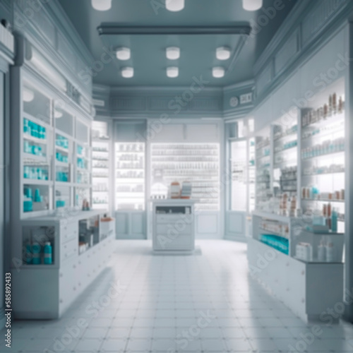 blurred unfocused pharmacy interior with shelves with medicines