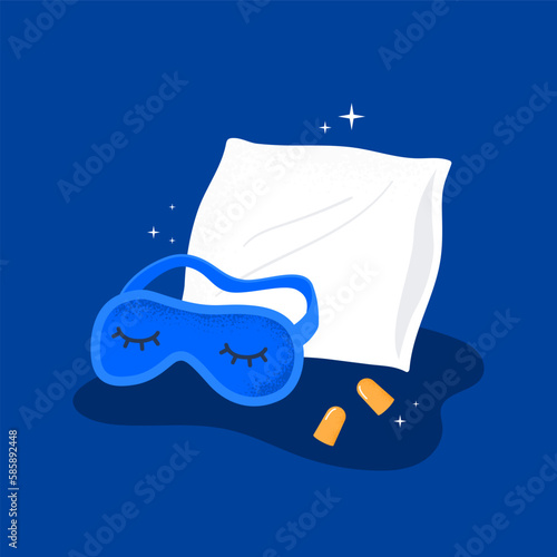 Comfortable pillow, mask, and earplugs for better sleep. Relaxation, healthy sleep concept. Vector flat illustration on the background.
