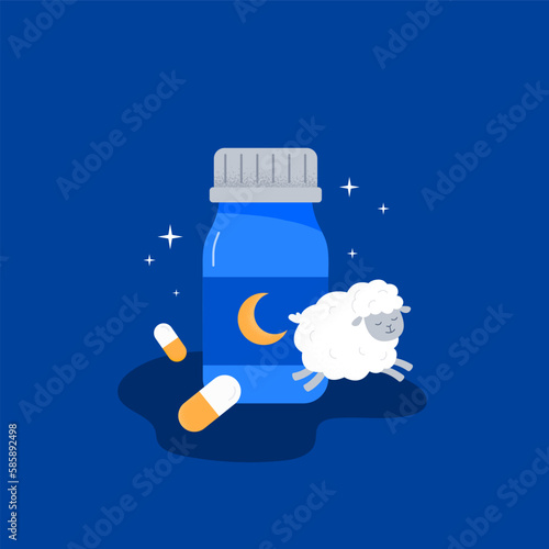 Sleeping pills for better sleep. Sleep disorders, dealing with insomnia concept. Vector flat illustration on the background.