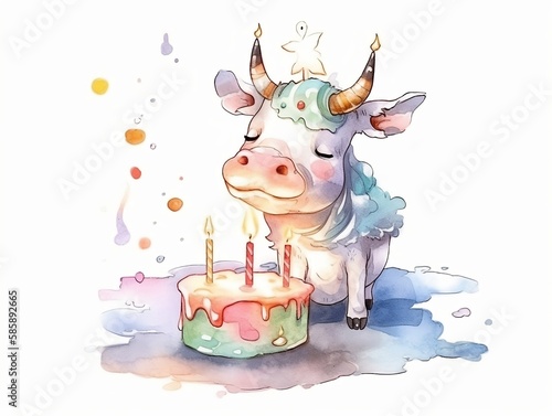 baby cow playing with birthday cake - watercolor illustration on transparent background  ideal for pet lovers  pet-themed designs  and birthday celebration projects. generative ai