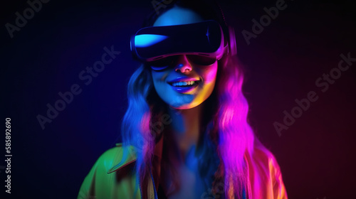 Portrait of an African-American woman in astonishment wearing a virtual reality headset. Vivid colors neon glowing HMD generative ai © Roman
