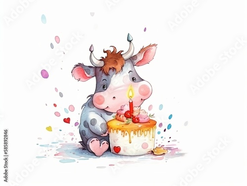 baby cow playing with birthday cake - watercolor illustration on transparent background, ideal for pet lovers, pet-themed designs, and birthday celebration projects. generative ai