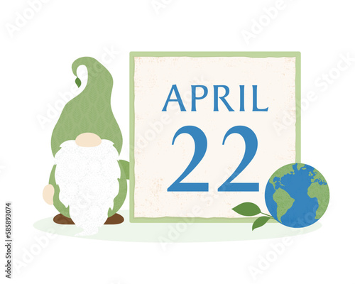 A gnome standing with a calendar date for Earth Day, in a cut paper style with textures
