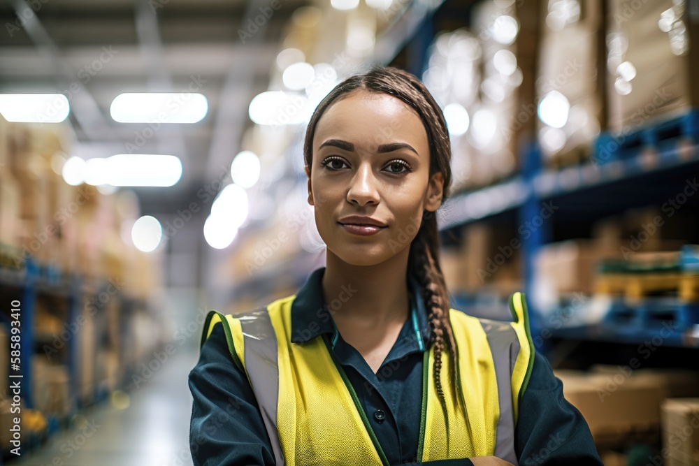 Fototapeta premium Portrait of confident female warehouse worker smiling for camera in work environment. Generative AI