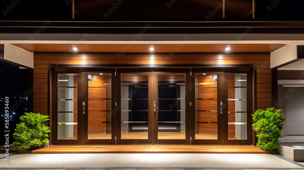 Fototapeta premium Elegant Entrance, Outside a Luxury House Doorway Illuminated at Night, Generative AI