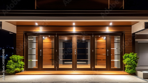 Elegant Entrance, Outside a Luxury House Doorway Illuminated at Night, Generative AI