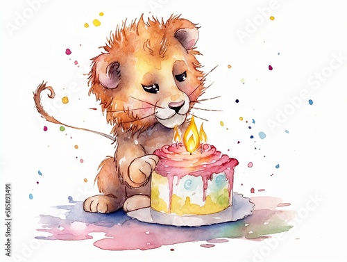 baby lion playing with birthday cake - watercolor illustration on transparent background, ideal for pet lovers, pet-themed designs, and birthday celebration projects. generative ai photo