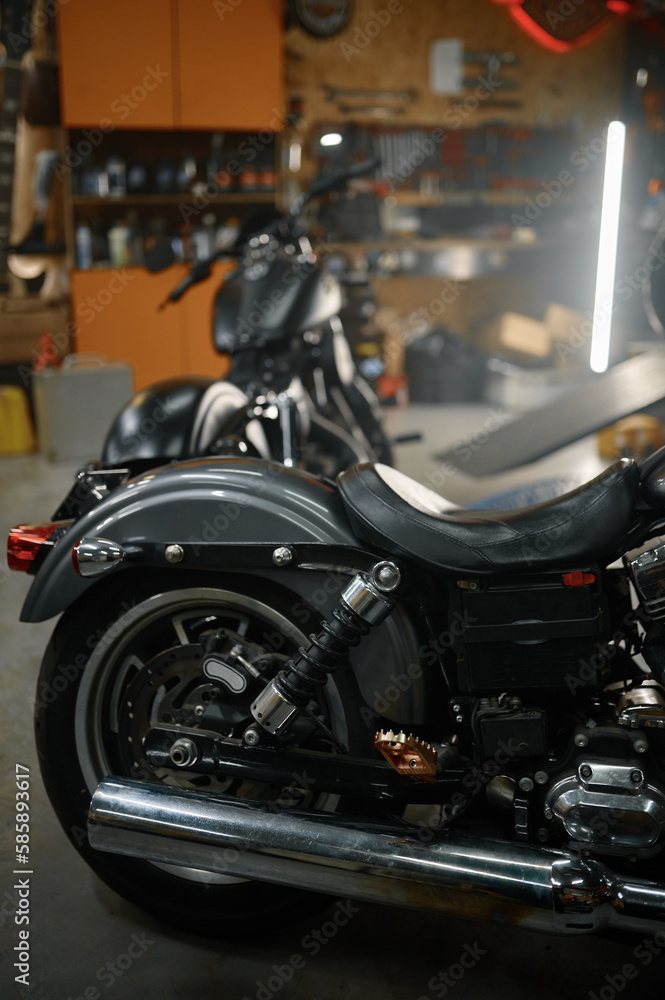 Image of new motorcycle in shop store or biker garage