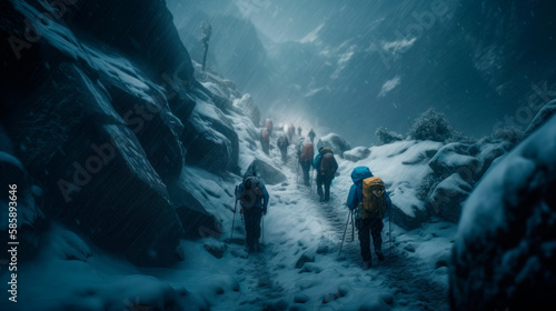 Mountaineers battling snowstorm during Himalayan expedition, generative AI