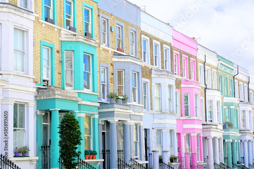 Beautiful and colorful pastel houses of Notting Hill, London, England