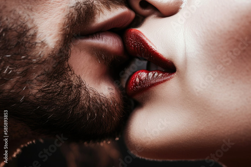 The power of a kiss, sexy beautiful red lips woman kissing seductive beard man, erotic, glamour, sensual closeup couple kiss AI Generative 