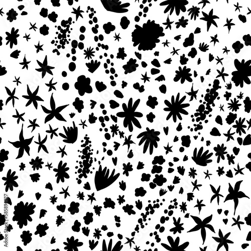 Blossom floral seamless pattern. Botanical silhouette motifs scattered random. Trendy monochrome wildflower vector texture. Ditsy print. Handdrawn different wild meadow flowers on white background
