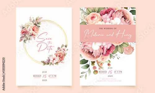 Wedding invitation card template set with flower bouquet. Peach roses with fluid background. Floral illustration for save the date, greeting, poster, cover vector