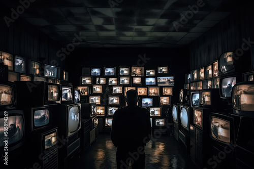 People watching a lot of retro televisions. Propaganda and fake news concept. Politicians manipulate society with help of public television. Created with Generative AI