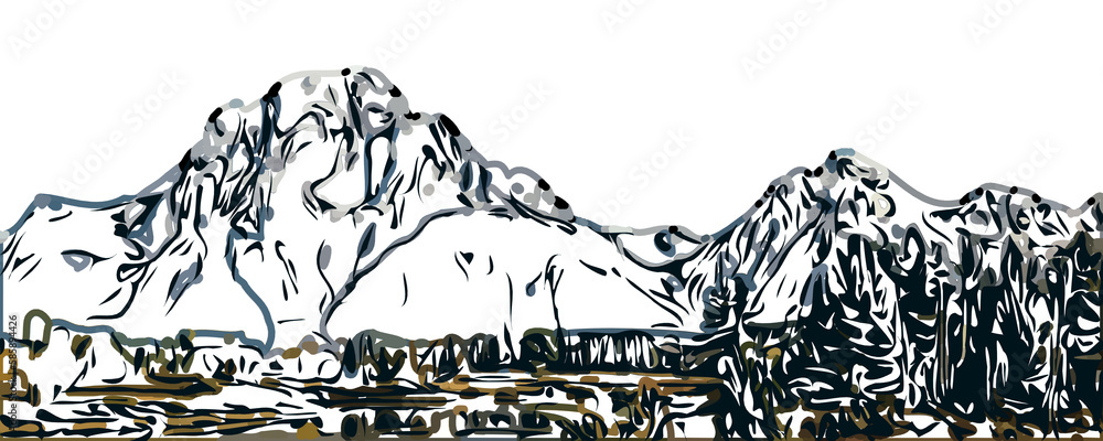 Sketches of landscape and mountain with transparent background