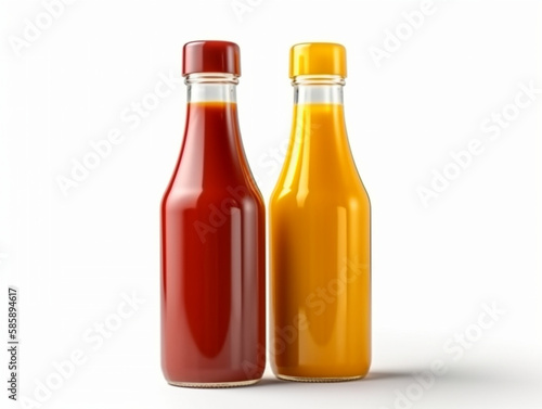 two glass bottles, ketchup and a room on a white background isolated, created with Generative AI Technology