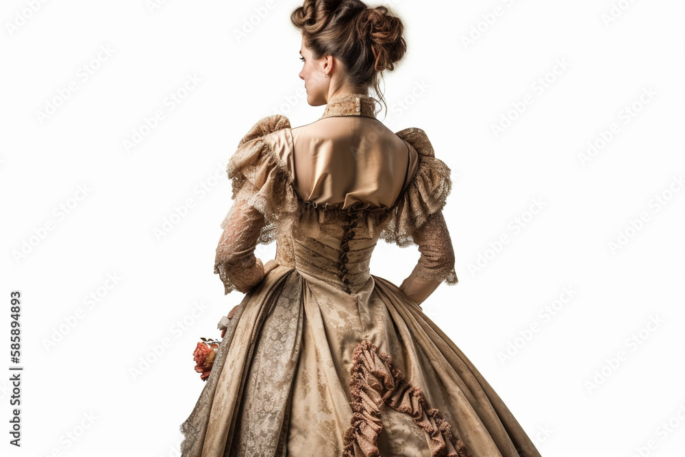 Obraz premium Lady in Victorian era dress and hat stands on white background, isolated, created with Generative AI Technology